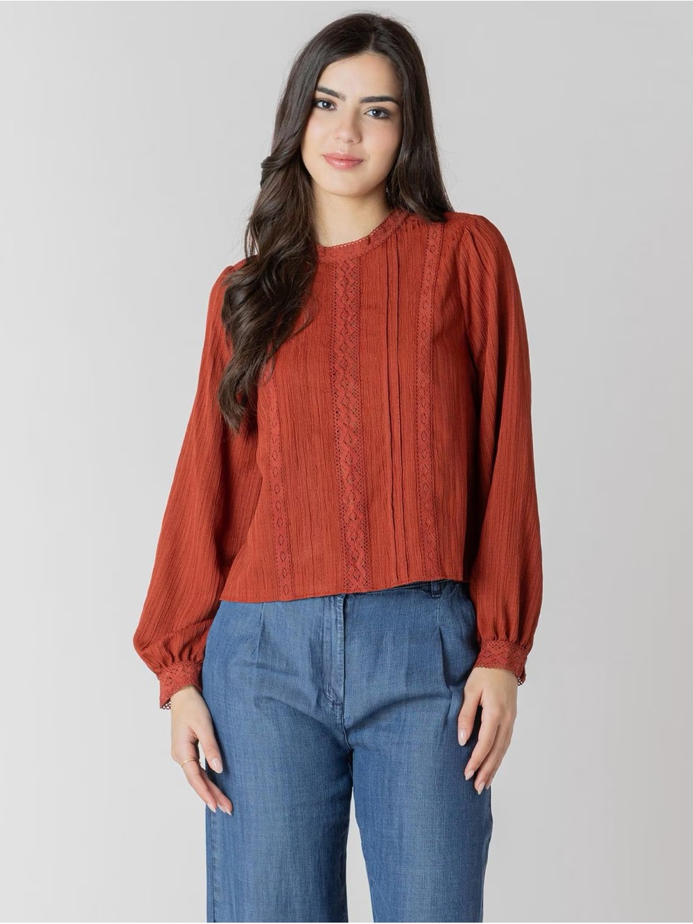 Devoted | Rusty Orange Long Sleeve Blouse w Lace Details